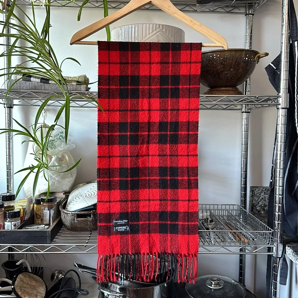 DIOR Vintage Plaid Tasseled Soft Scarf, Unisex, Red & Black